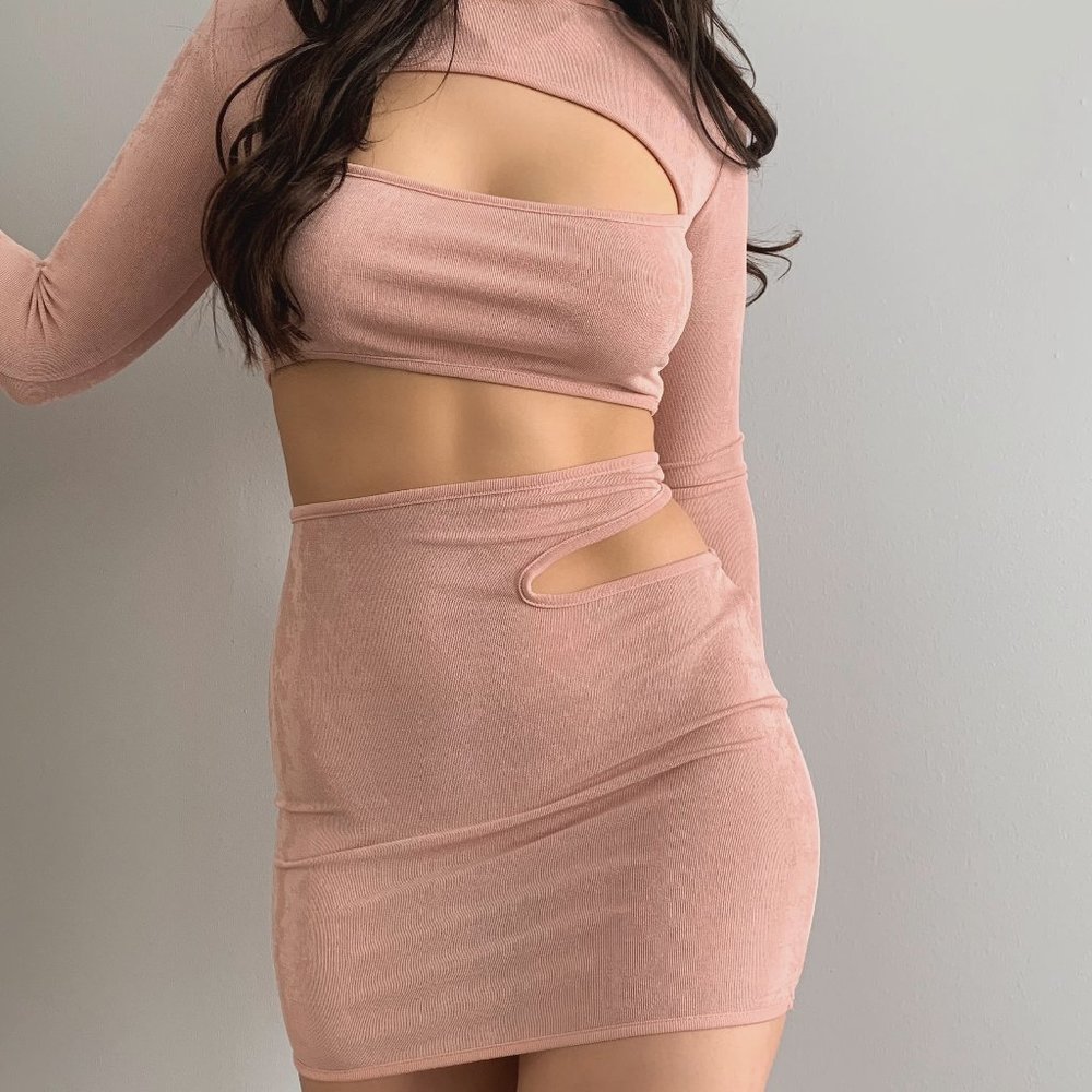 Pink Cut-Out Crop Top and Skirt Set